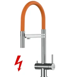 NIEDERDRUCK 3 Wege Wasserhahn Küchenarmatur, Edelstahl Massiv mit 360° schwenkbarem Auslauf, abnehmbare 2 strahl Handbrause, Hochglanz / Orange