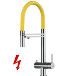 NIEDERDRUCK 3 Wege Wasserhahn Küchenarmatur, Edelstahl Massiv mit 360° schwenkbarem Auslauf, abnehmbare 2 strahl Handbrause, Hochglanz / Gelb