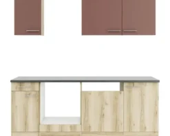 Optifit Küchenzeile ohne Geräte Bari407/Livorno290 210 cm rostrot wildeiche matt strukturiert zerlegt Variante reversibel KPBL 2179OE-9+