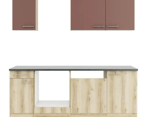 Optifit Küchenzeile ohne Geräte Bari407/Livorno290 210 cm rostrot wildeiche matt strukturiert zerlegt Variante reversibel KPBL 2179OE-9+