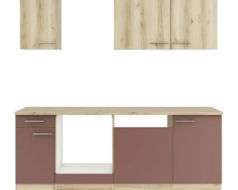 Optifit Küchenzeile ohne Geräte Livorno290/Bari407 210 cm wildeiche rostrot matt strukturiert zerlegt Variante reversibel KPLB 2179OE-9+