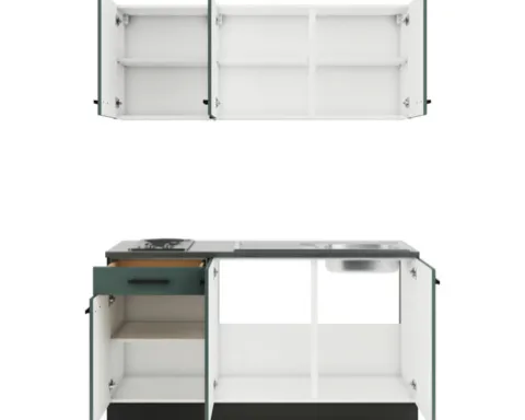 Optifit Singleküche mit Geräten Verona405 150 cm grün matt zerlegt Variante reversibel KPVE 1532-9+