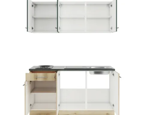 Optifit Singleküche mit Geräten Savona405/Livorno290 150 cm grün wildeiche matt strukturiert zerlegt Variante reversibel KPSL 1532-9+