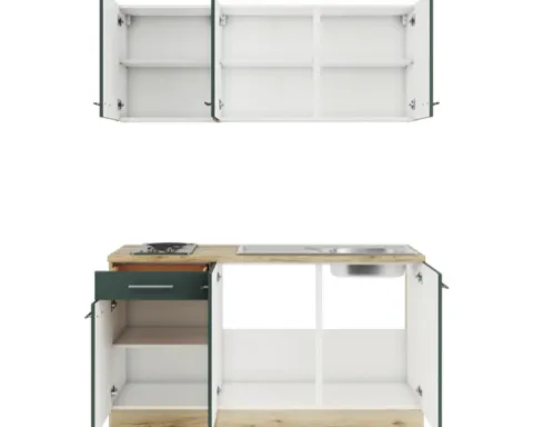Optifit Singleküche mit Geräten Savona405 150 cm grün matt zerlegt Variante reversibel KPSA 1532-9+