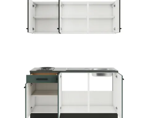 Optifit Singleküche mit Geräten Madrid420/Verona405 150 cm anthrazit grün matt zerlegt Variante reversibel KPMV 1532-9+