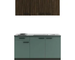 Optifit Singleküche mit Geräten Rimini409/Verona405 150 cm nussbaum grün matt zerlegt Variante reversibel KPRV 1532-9+