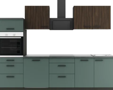 Optifit Küchenzeile ohne Geräte Rimini409/Verona405 270 cm nussbaum grün matt zerlegt Variante reversibel KPRV 2789OE-9+