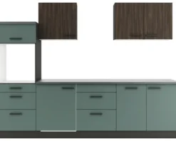 Optifit Küchenzeile ohne Geräte Rimini409/Verona405 270 cm nussbaum grün matt zerlegt Variante reversibel KPRV 2789OE-9+