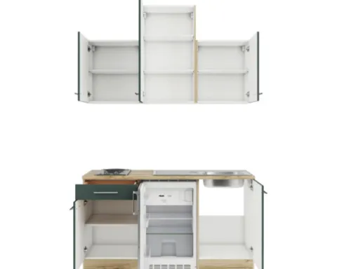 Optifit Singleküche mit Geräten Savona405 150 cm grün matt zerlegt Variante reversibel KPSA 1501-9+