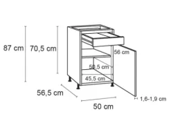 Optifit Unterschrank mit Schublade und Drehtür Rurik986 BxTxH 50 x 58,4 x 87 cm weiß glänzend zerlegt Anschlag reversibel KFRU U506-8E+
