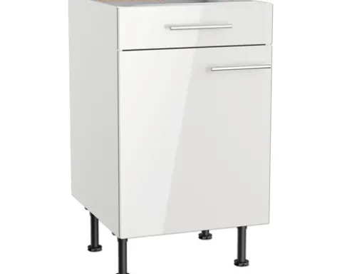 Optifit Unterschrank mit Schublade und Drehtür Rurik986 BxTxH 50 x 58,4 x 87 cm weiß glänzend zerlegt Anschlag reversibel KFRU U506-8E+