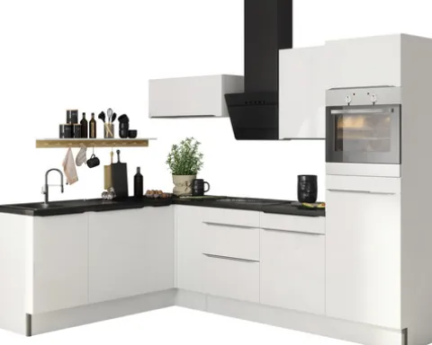 Optifit Winkelküche mit Geräten Arvid986 270 cm weiß glänzend zerlegt Variante rechts KCAV 2720RAE-8+