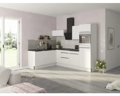 Optifit Winkelküche mit Geräten Arvid986 270 cm weiß glänzend zerlegt Variante rechts KCAV 2720RAE-8+