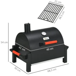 Outsunny Holzkohlgrill, Tischgrill mit Grillrost, Deckel für Picknick, Verzinkter Stahl, Schwarz, 68,5 x 50 x 54 cm