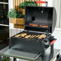 Outsunny Holzkohlgrill, Tischgrill mit Grillrost, Deckel für Picknick, Verzinkter Stahl, Schwarz, 68,5 x 50 x 54 cm