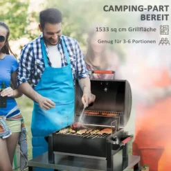 Outsunny Holzkohlgrill, Tischgrill mit Grillrost, Deckel für Picknick, Verzinkter Stahl, Schwarz, 68,5 x 50 x 54 cm