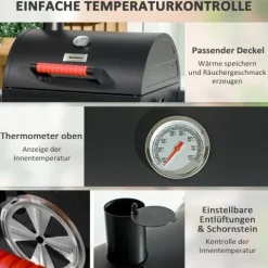 Outsunny Holzkohlgrill, Tischgrill mit Grillrost, Deckel für Picknick, Verzinkter Stahl, Schwarz, 68,5 x 50 x 54 cm