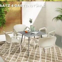 Outsunny Gartenstuhl 4er Set wetterfest Gartenstühle aus Kunststoff Stapelstuhl mit Armlehne Rückenlehne stapelbar Terrassenstuhl bis 120 kg belastbar Gartenmöbel für Hinterhof, Garten, Balkon Weiß