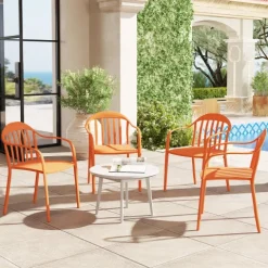 Outsunny Gartenstuhl 4er Set wetterfest Gartenstühle aus Kunststoff Stapelstuhl mit Armlehne Rückenlehne stapelbar Terrassenstuhl bis 120 kg belastbar Gartenmöbel für Hinterhof, Garten, Balkon Rot