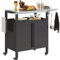 Outsunny Grillwagen 3-Etagen klappbar Servierwagen mit Arbeitsfläche Schrank Haken Räder, BBQ Grilltisch aus Edelstahl, Outdoor Rollwagen, Holzkohlegrill für Garten, Grill, 116x50x93cm Schwarz