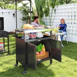 Outsunny Grillwagen 3-Etagen klappbar Servierwagen mit Arbeitsfläche Schrank Haken Räder, BBQ Grilltisch aus Edelstahl, Outdoor Rollwagen, Holzkohlegrill für Garten, Grill, 116x50x93cm Schwarz