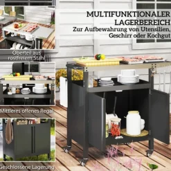 Outsunny Grillwagen 3-Etagen klappbar Servierwagen mit Arbeitsfläche Schrank Haken Räder, BBQ Grilltisch aus Edelstahl, Outdoor Rollwagen, Holzkohlegrill für Garten, Grill, 116x50x93cm Schwarz