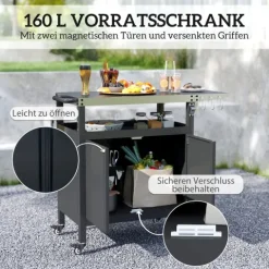 Outsunny Grillwagen 3-Etagen klappbar Servierwagen mit Arbeitsfläche Schrank Haken Räder, BBQ Grilltisch aus Edelstahl, Outdoor Rollwagen, Holzkohlegrill für Garten, Grill, 116x50x93cm Schwarz