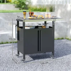 Outsunny Grillwagen 3-Etagen klappbar Servierwagen mit Arbeitsfläche Schrank Haken Räder, BBQ Grilltisch aus Edelstahl, Outdoor Rollwagen, Holzkohlegrill für Garten, Grill, 116x50x93cm Schwarz