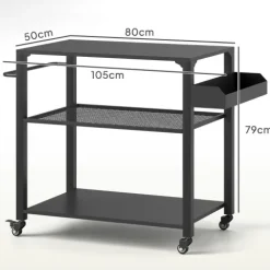 Outsunny Grillwagen 3-Etagen Servierwagen mit Arbeitsfläche Ablagen Räder, BBQ Grilltisch aus Edelstahl, Grill Beistelltisch, Outdoor Trolley, Holzkohlegrill für Garten, Terrasse, 105x50x79cm Schwarz