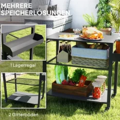 Outsunny Grillwagen 3-Etagen Servierwagen mit Arbeitsfläche Ablagen Räder, BBQ Grilltisch aus Edelstahl, Grill Beistelltisch, Outdoor Trolley, Holzkohlegrill für Garten, Terrasse, 105x50x79cm Schwarz