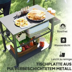 Outsunny Grillwagen 3-Etagen Servierwagen mit Arbeitsfläche Ablagen Räder, BBQ Grilltisch aus Edelstahl, Grill Beistelltisch, Outdoor Trolley, Holzkohlegrill für Garten, Terrasse, 105x50x79cm Schwarz