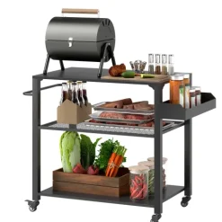Outsunny Grillwagen 3-Etagen Servierwagen mit Arbeitsfläche Ablagen Räder, BBQ Grilltisch aus Edelstahl, Grill Beistelltisch, Outdoor Trolley, Holzkohlegrill für Garten, Terrasse, 105x50x79cm Schwarz