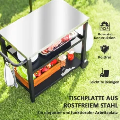 Outsunny Grillwagen 3-Etagen Servierwagen mit Arbeitsfläche Ablagen Haken Räder, Edelstahl BBQ Grilltisch, Grill Beistelltisch, Outdoor Rollwagen, Holzkohlegrill für Garten Grill 102x50x81cm Kohlegrau