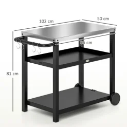 Outsunny Grillwagen 3-Etagen Servierwagen mit Arbeitsfläche Ablagen Haken Räder, Edelstahl BBQ Grilltisch, Grill Beistelltisch, Outdoor Rollwagen, Holzkohlegrill für Garten Grill 102x50x81cm Kohlegrau