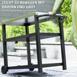 Outsunny Grillwagen 3-Etagen Servierwagen mit Arbeitsfläche Ablagen Haken Räder, Edelstahl BBQ Grilltisch, Grill Beistelltisch, Outdoor Rollwagen, Holzkohlegrill für Garten Grill 102x50x81cm Kohlegrau