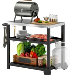 Outsunny Grillwagen 3-Etagen Servierwagen mit Arbeitsfläche Ablagen Haken Räder, Edelstahl BBQ Grilltisch, Grill Beistelltisch, Outdoor Rollwagen, Holzkohlegrill für Garten Grill 102x50x81cm Kohlegrau
