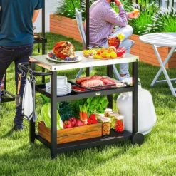 Outsunny Grillwagen 3-Etagen Servierwagen mit Arbeitsfläche Ablagen Haken Räder, Edelstahl BBQ Grilltisch, Grill Beistelltisch, Outdoor Rollwagen, Holzkohlegrill für Garten Grill 102x50x81cm Kohlegrau