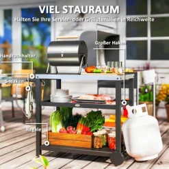 Outsunny Grillwagen 3-Etagen Servierwagen mit Arbeitsfläche Ablagen Haken Räder, Edelstahl BBQ Grilltisch, Grill Beistelltisch, Outdoor Rollwagen, Holzkohlegrill für Garten Grill 102x50x81cm Kohlegrau