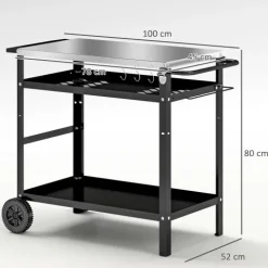 Outsunny Grillwagen 3-Etagen Servierwagen mit Arbeitsfläche Griffe Hülle Räder, höhenverstellbar BBQ Grilltisch Edelstahl, Grill Beistelltisch, Outdoor Rollwagen für Garten Grill 100x52x80cm Schwarz