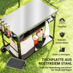 Outsunny Grillwagen 3-Etagen Servierwagen mit Arbeitsfläche Griffe Hülle Räder, höhenverstellbar BBQ Grilltisch Edelstahl, Grill Beistelltisch, Outdoor Rollwagen für Garten Grill 100x52x80cm Schwarz