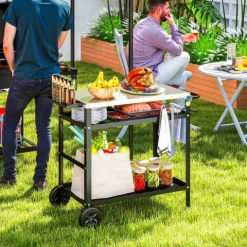Outsunny Grillwagen 3-Etagen Servierwagen mit Arbeitsfläche Griffe Hülle Räder, höhenverstellbar BBQ Grilltisch Edelstahl, Grill Beistelltisch, Outdoor Rollwagen für Garten Grill 100x52x80cm Schwarz
