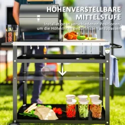 Outsunny Grillwagen 3-Etagen Servierwagen mit Arbeitsfläche Griffe Hülle Räder, höhenverstellbar BBQ Grilltisch Edelstahl, Grill Beistelltisch, Outdoor Rollwagen für Garten Grill 100x52x80cm Schwarz