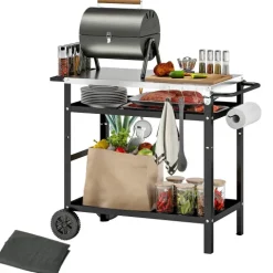 Outsunny Grillwagen 3-Etagen Servierwagen mit Arbeitsfläche Griffe Hülle Räder, höhenverstellbar BBQ Grilltisch Edelstahl, Grill Beistelltisch, Outdoor Rollwagen für Garten Grill 100x52x80cm Schwarz