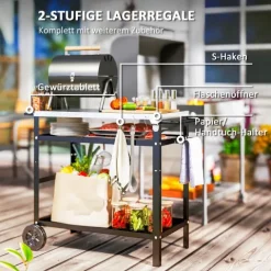 Outsunny Grillwagen 3-Etagen Servierwagen mit Arbeitsfläche Griffe Hülle Räder, höhenverstellbar BBQ Grilltisch Edelstahl, Grill Beistelltisch, Outdoor Rollwagen für Garten Grill 100x52x80cm Schwarz