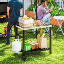 Outsunny Grillwagen 2-Etagen Servierwagen mit Arbeitsfläche Ablagen Haken Räder, BBQ Grilltisch aus Edelstahl, Grill Beistelltisch, Outdoor Rollwagen für Garten, Terrasse, Grill, 102 x 56 x 81cm