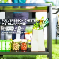 Outsunny Grillwagen 2-Etagen Servierwagen mit Arbeitsfläche Ablagen Haken Räder, BBQ Grilltisch aus Edelstahl, Grill Beistelltisch, Outdoor Rollwagen für Garten, Terrasse, Grill, 102 x 56 x 81cm