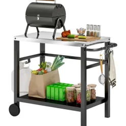 Outsunny Grillwagen 2-Etagen Servierwagen mit Arbeitsfläche Ablagen Haken Räder, BBQ Grilltisch aus Edelstahl, Grill Beistelltisch, Outdoor Rollwagen für Garten, Terrasse, Grill, 102 x 56 x 81cm
