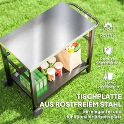 Outsunny Grillwagen 2-Etagen Servierwagen mit Arbeitsfläche Ablagen Haken Räder, BBQ Grilltisch aus Edelstahl, Grill Beistelltisch, Outdoor Rollwagen für Garten, Terrasse, Grill, 102 x 56 x 81cm