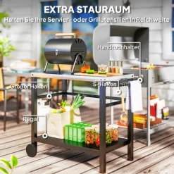 Outsunny Grillwagen 2-Etagen Servierwagen mit Arbeitsfläche Ablagen Haken Räder, BBQ Grilltisch aus Edelstahl, Grill Beistelltisch, Outdoor Rollwagen für Garten, Terrasse, Grill, 102 x 56 x 81cm