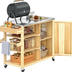 Outsunny Grillwagen 6-Etagen Servierwagen mit Arbeitsfläche Handtuchregal, BBQ Grilltisch aus Holz, Grill Beistelltisch, Outdoor Trolley, Holzkohlegrill für Garten, Terrasse 134,5x50x91,5cm Naturholz